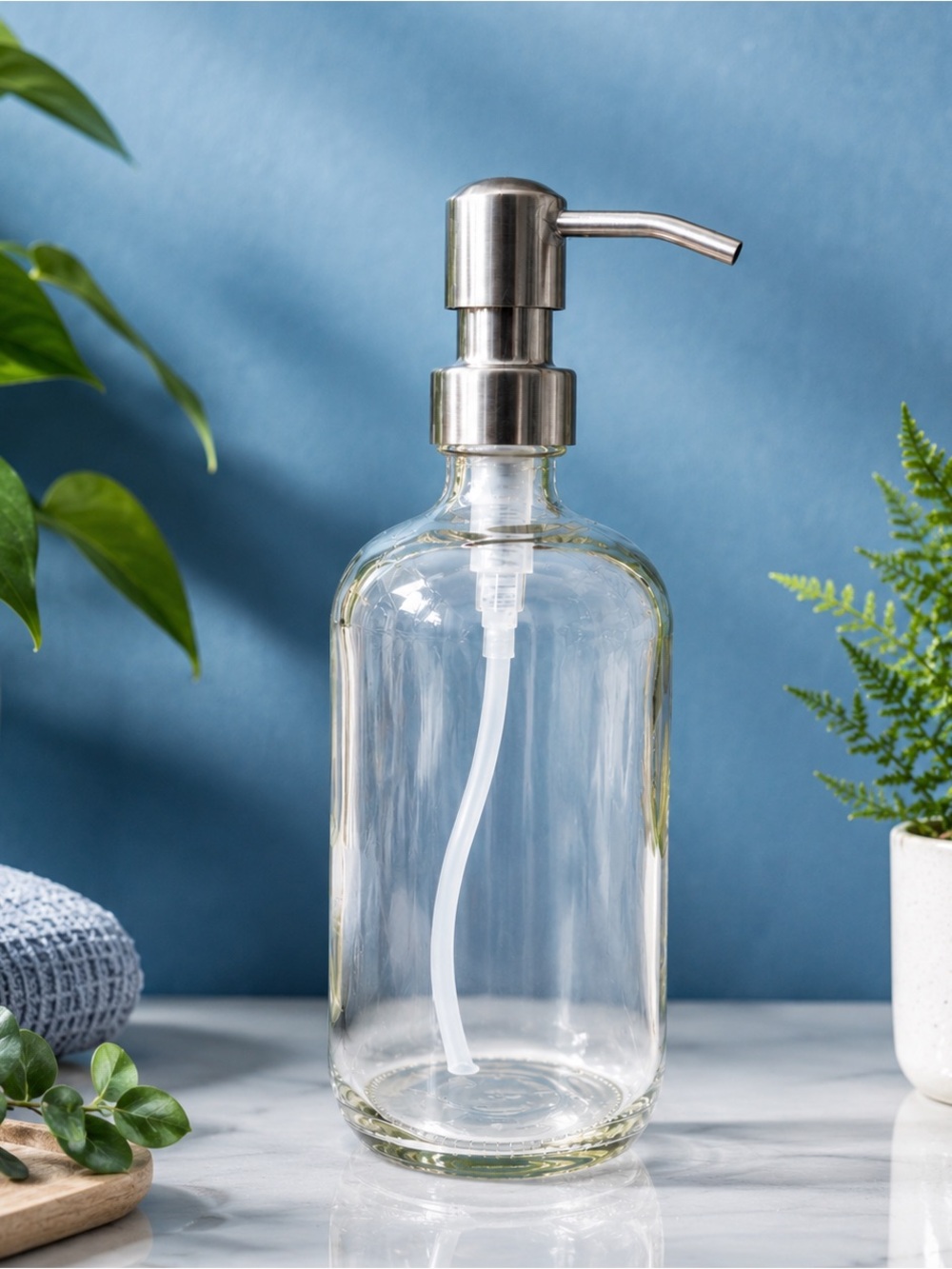 SET OF 2: 16 OZ. GLASS SOAP DISPENSER W/ METAL PUMP (CLEAR GLASS/SILVER …